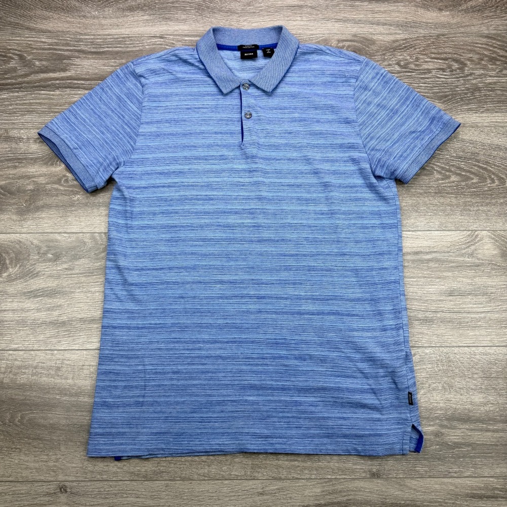 Hugo Boss Polo Shirt Mens Medium Blue Slim Fit Striped Pima Cotton Short Sleeve